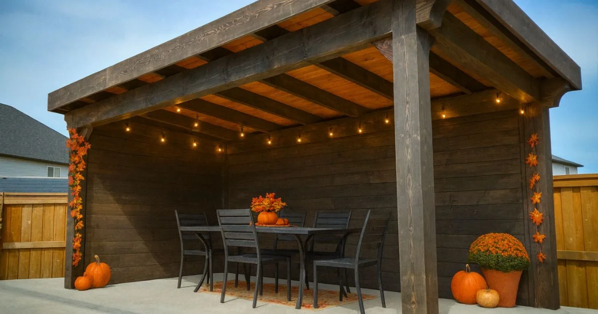 Pavilion with dark wood, pumpkins, and autumn decorations